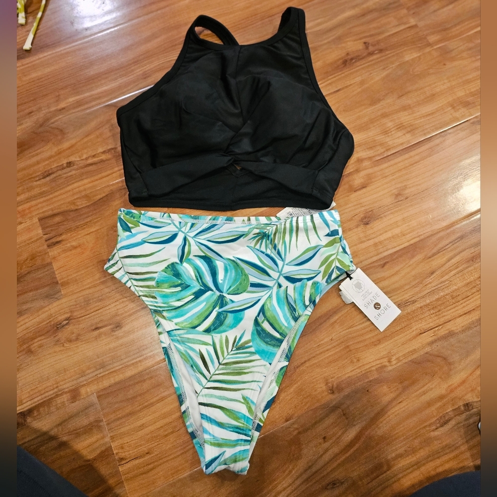 Black Bikini Top and Leaf Print Bottoms